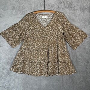 Natural Life Womens Oversized M Brown Floral Tiered V-Neck Boho Bell Sleeve‎ Top